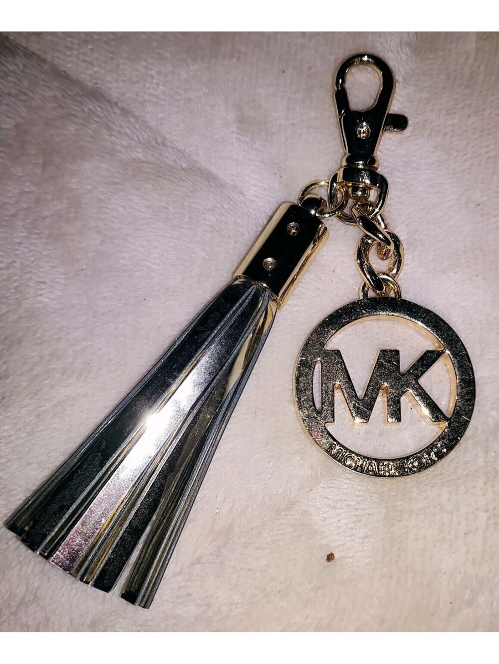 Michael Kors Gold MK Logo Charm Tan Leather Tassle 4 Handbag Purse Fob Hang Tag